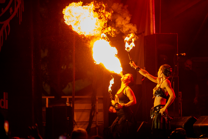 Fire breathers on stage with The Suicide Machines. Photo: Kieron Yates