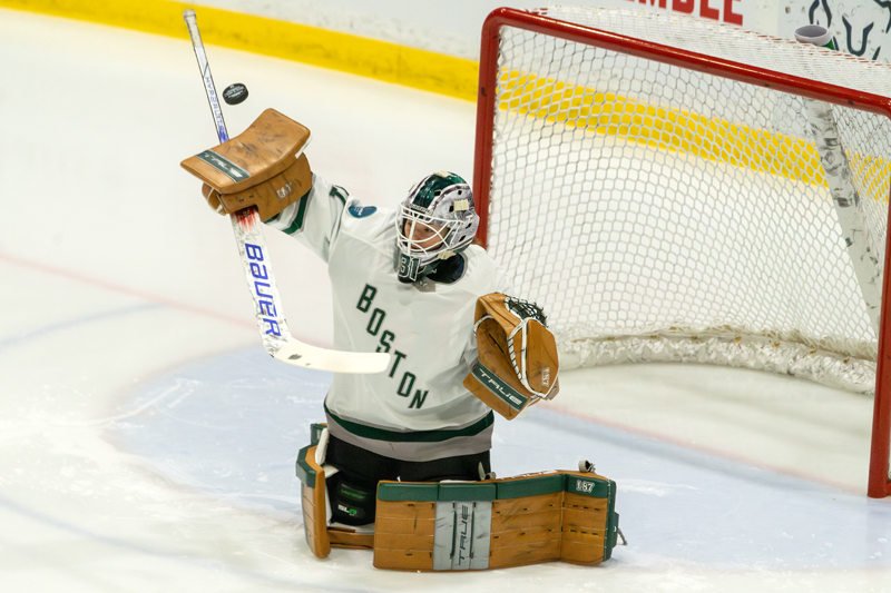 Boston's Aerin Frankel makes a save with her blocker against Montreal. | photo: Kieron Yates / Modern Free Press