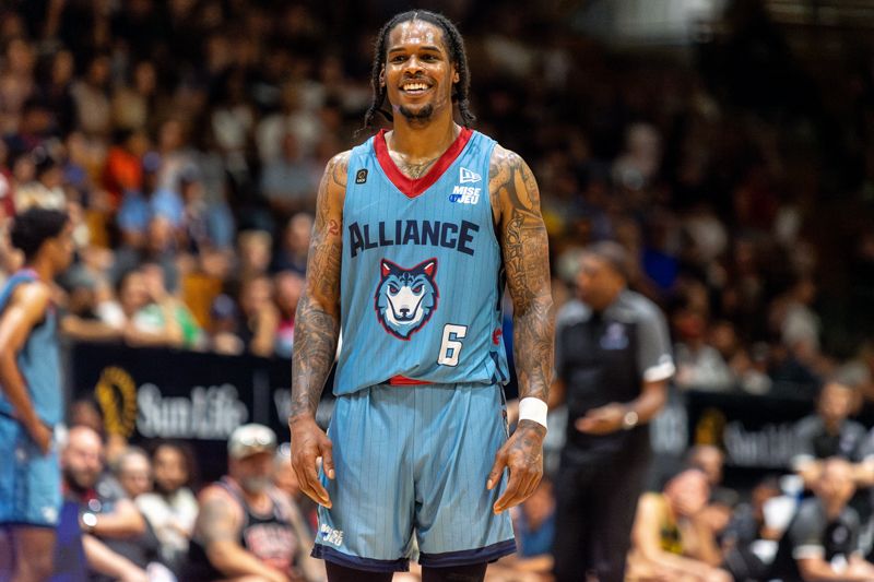 Ahmed Hill of the Montreal Alliance, enjoying a memonet versus the Vancouver Bandits at the Verdun Auditorium on July 28, 2024. CEBL.