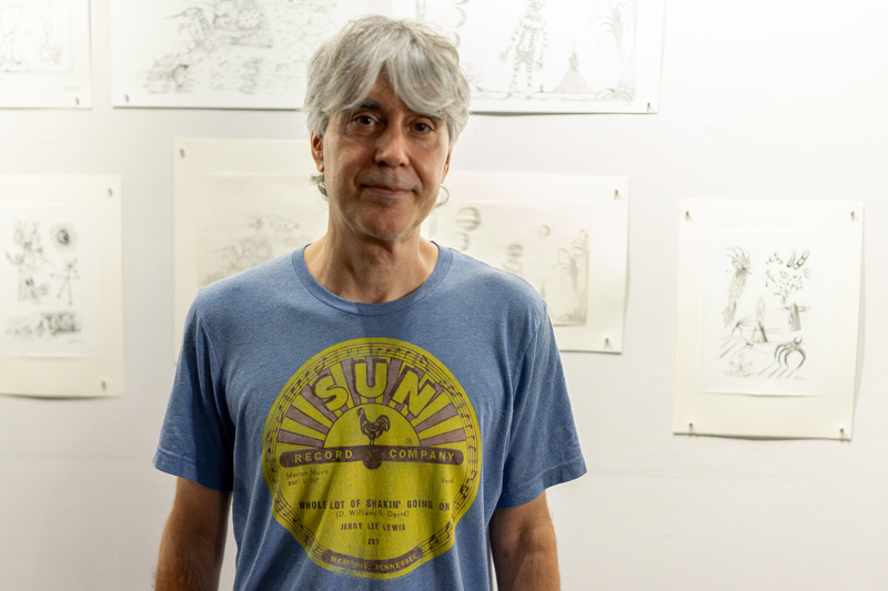 Voivod drummer Away at BBAM! Gallery in Montreal at an exhibition of his art. July 30, 2024. Photo by Kieron Yates