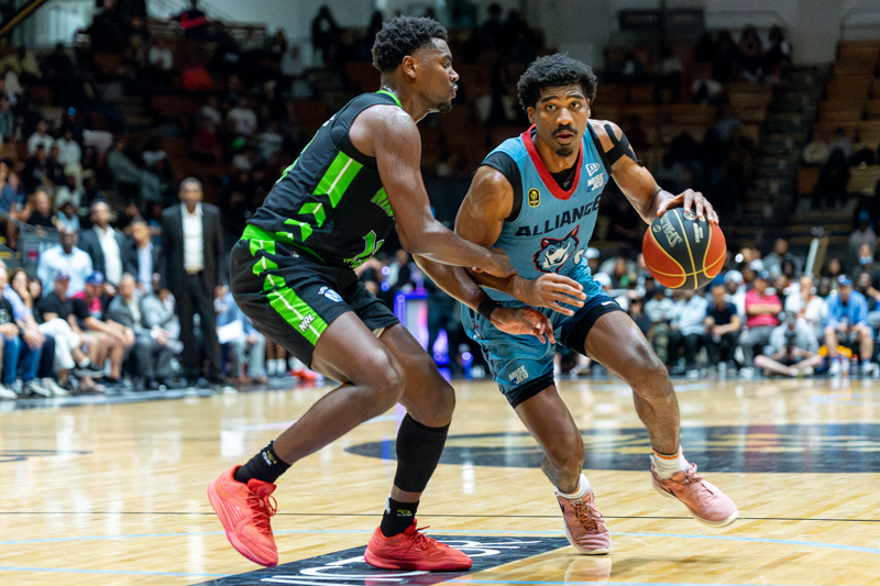 Chris Smith of the Montreal Alliance battles Nathan Cayo of the Niagara River Lions at CW24 on August 9, 2024.
