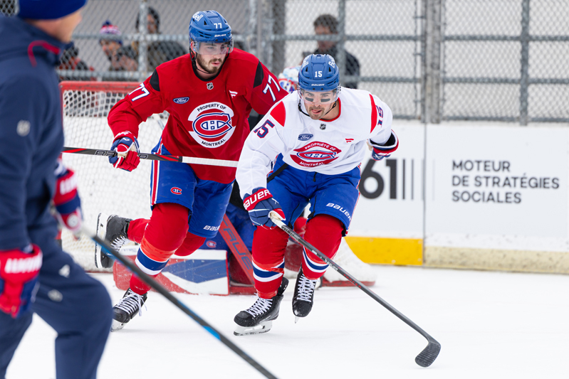 NDG, Quebec - FEBRUARY 20:Montreal Canadiens Outdoor Practice at the Parc de la Confederation on February 20, 2026 in NDG, Quebec, Canada. (Photo by Pierre Bourgault/Club de hockey Canadien inc.)