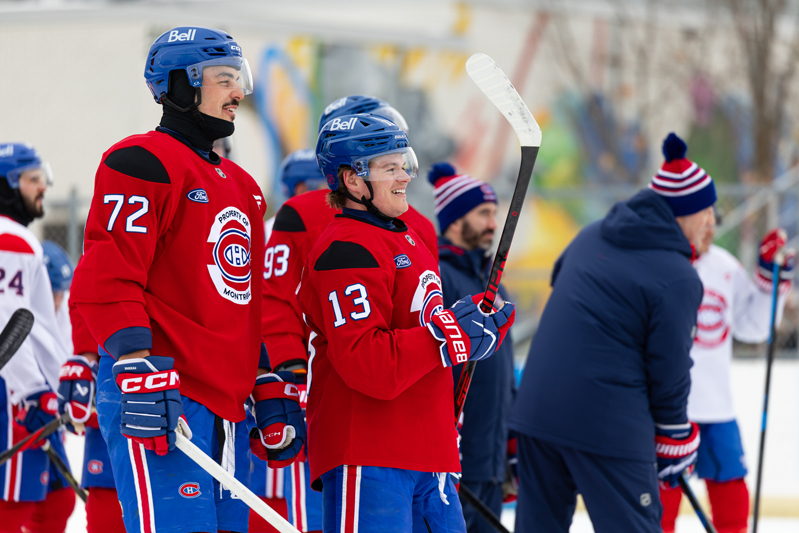 NDG, Quebec - FEBRUARY 20:Montreal Canadiens Outdoor Practice at the Parc de la Confederation on February 20, 2026 in NDG, Quebec, Canada. (Photo by Pierre Bourgault/Club de hockey Canadien inc.)