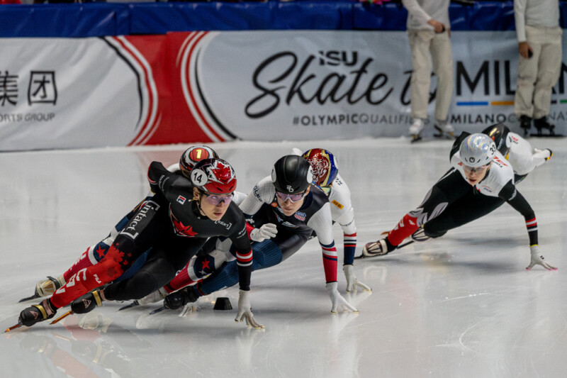 Canada's Courtney Sarault leads Kim Gilli of South Korea and Corrine Stoddard of the USA on her way to winning the Women's 1500m at the ISU Short Track World Tour in Montreal's Maurice Richard arena on October 12th, 2025. Photo: Kieron Yates