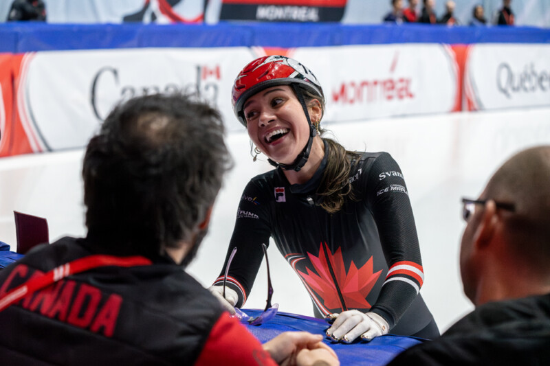 Canada's Courtney Sarault celebrates after winning the Women's 1500m at the ISU Short Track World Tour at Maurice Richard Arena in Montreal, on October 12, 2025. Photo: Kieron Yates