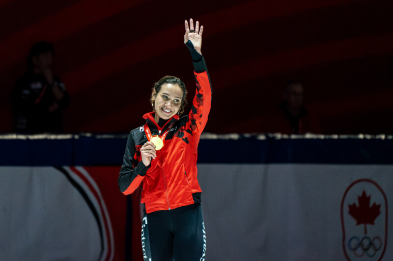 Canada's Courtney Sarault recieves her gold medal after winning the Women's 1500m at the ISU Short Track World Tour at Maurice Richard Arena in Montreal, on October 12, 2025. Photo: Kieron Yates