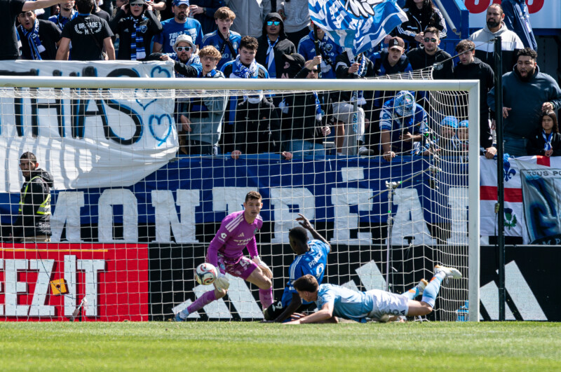 Prince Owusu (#9) scores a goal for CF Montreal against the visiting New York FC, in the 18th minute of play at Stade Saputo on April 25, 2026. Photo: Kieron Yates